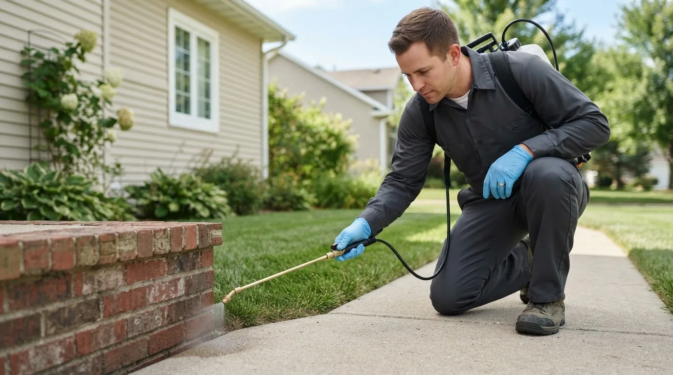 Pest control technician treating a home near Paris, ME